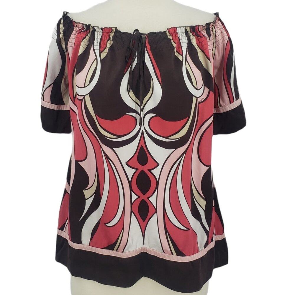 Bebe 100% Silk Off Shoulder Gathered Tie Neck Print Blouse Shirt Top